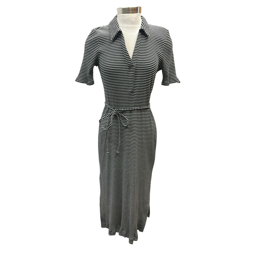 Boden Stripe Faux Wrap Midi Dress Black White Tie Waist Collared Jersey Knit 12